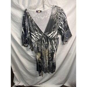 Volume One Women's XL Black Gray Paisley Print V Neck Dolman Sleeve Tunic Dress